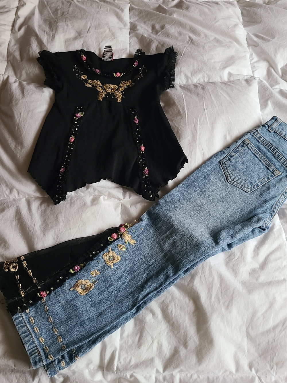 Lipstick Boutique Black Top and Blue Jeans Embroidered Kids Matching Set